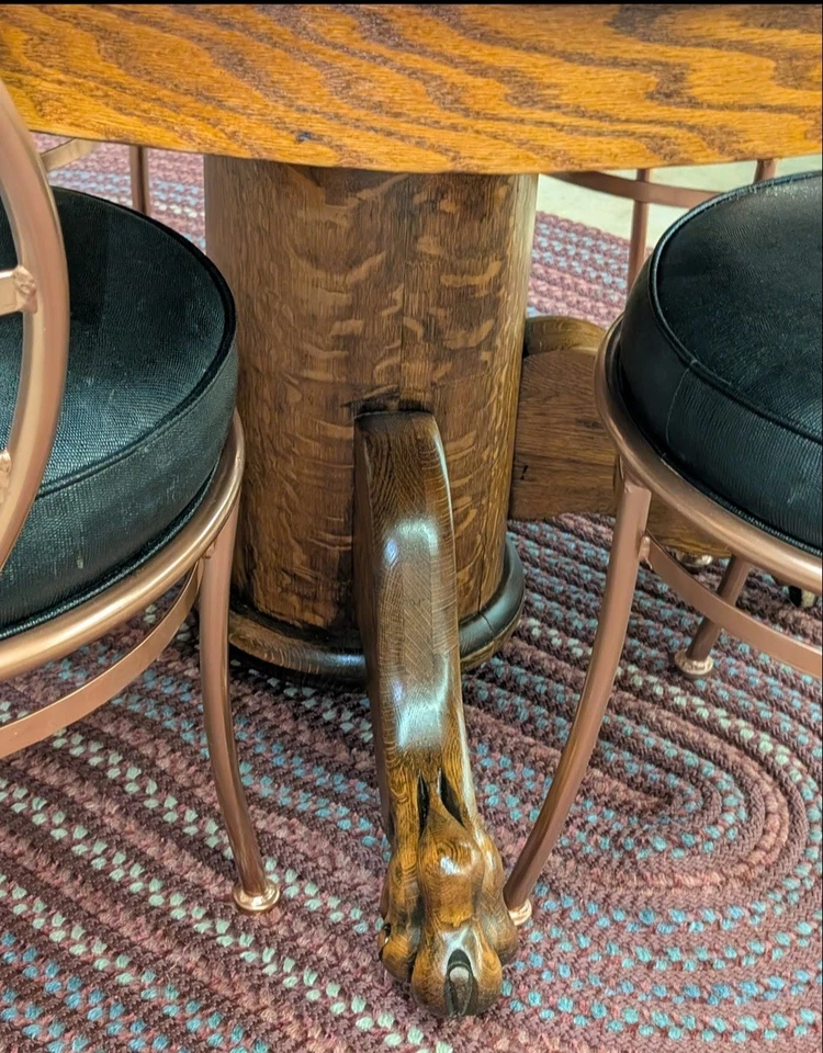 Antique Round Oak Lions Foot Dining Table W/4 Metal Chairs - Copper Painted - Image 3 of 4