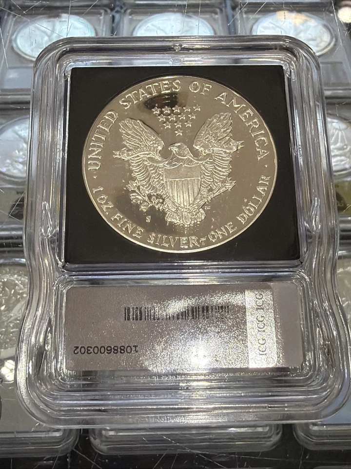 1988 S PROOF SILVER EAGLE ICG PR70 DCAM AUSTIN HUTTO SIGNED BLACK LABEL 1 OF 249 - Image 2 of 2