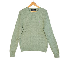 Polo Ralph Lauren 100 Silk Sweater Mens L Green Cable Knit Made in Hong Kong