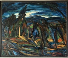 EMIL KOSA JR ANTIQUE MODERN ABSTRACT CUBIST LANDSCAPE OIL PAINTING VINTAGE 1952