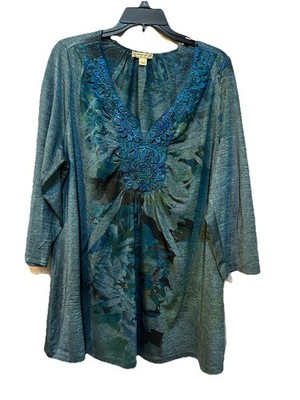 Energe World Wear Womens Tunic Top Size 3X Green Floral Embellished 3/4 Sleeve