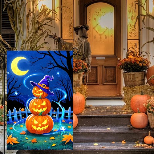 Halloween Bandiera da Giardino Doppio Lato 12x18 Pollici Zucca Pila con Cappello Strega Ou... - Foto 2 di 7