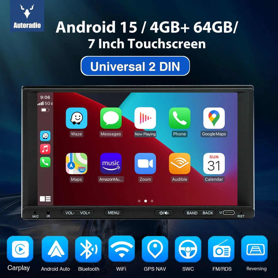 7" Apple CarPlay 4+64G Car Stereo 2DIN Touch Screen GPS Nav USB SWC BT FM+Camera - Image 2 of 4