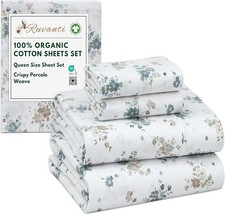 RUVANTI 100 Organic Cotton Sheets Queen Size, Percale Weave, Queen, Halcyon
