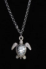 Sea Turtle Necklace Silver Pewter Charm 1" Pendant 3mm Stainless Chain 18"