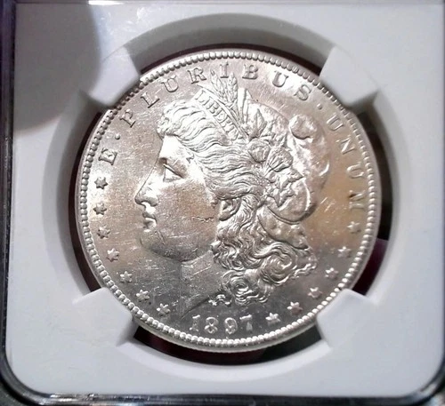 "BETTER-DATE", "1897-S", "NGC',  AU-55", MORGAN DOLLAR, REFLECTIVE SURFACES.