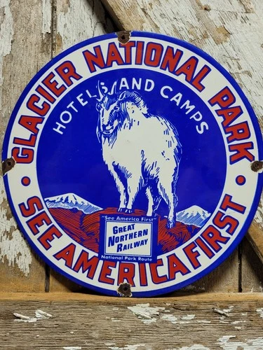 VINTAGE GLACIER NATIONAL PARK PORCELAIN SIGN OLD GREAT NORTHERN RAILWAY TRAIN 12
