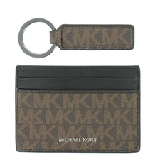 Michael Kors Mens Logo Graphic Slim Card Case & Keychain Wallet Gift Set (Brown)