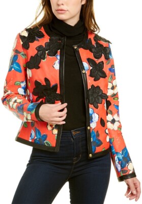 ESCADA Lamb Leather Jacket 36 S Coral Embroided Flower Print Gold Button Closure