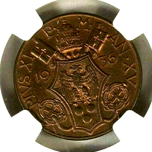 Vatican 10 Centesimi 1936 XV NGC MS 65 RB UNC Pope Pius XI High Grade Bronze - Picture 2 of 4