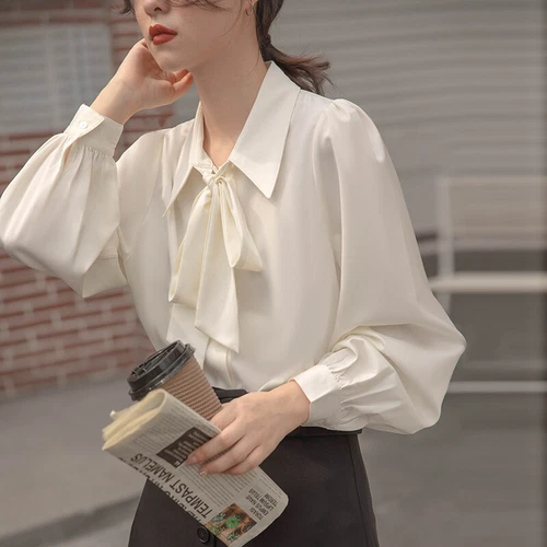 Damen Shirt Top lang Puffärmel Chiffon weiß Bluse Bindeband Ausschnitt formelle Arbeitskleidung - Bild 4 von 13