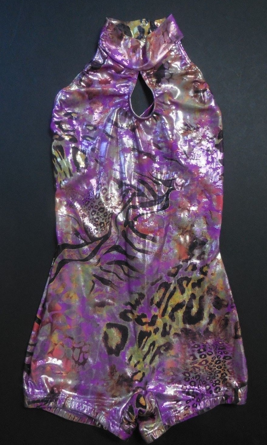 NWOT Axis Gymnastic  Purple Copper Foil Animal Print Petite Ladies Biketard