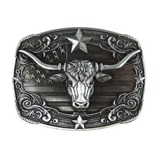 American Flag Longhorn Steer Star Belt Buckle Antique Silver Fits 1.5 inch Belts