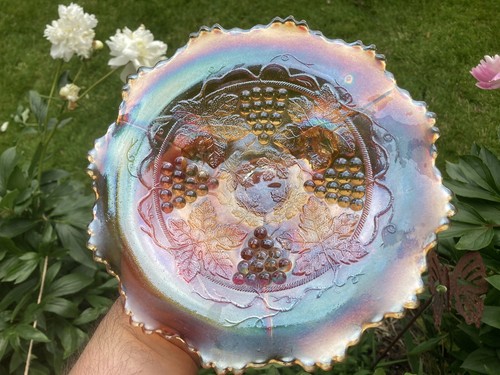 CARNIVAL GLASS ~ RARE BALL FOOTED FENTON GRAPE & CABLE PLATE ~ RADIUM ~ - Picture 7 of 15