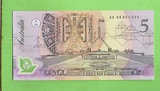 #D351. AUSTRALIAN  $5 FRASER/COLE UNCIRCULATED POLYMER BANKNOTE  AA 08947324
