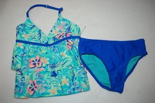 Girls Swimsuit 2 PC TANKINI SET Ruffles TROPICAL FLOWERS Teal Blue Peach XS 4-5