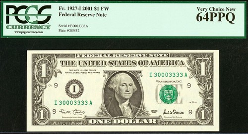 2001 $1 Federal Reserve Note PCGS 65PPQ Four Fancy Same Serial Number 30003333 - Picture 8 of 9