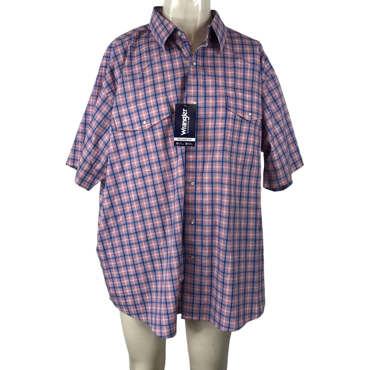 WRANGLER MEN'S 3X PINK BLUE PLAID SHORT SLEEVE SNAP FRONT RELAXED FIT  SHIRT