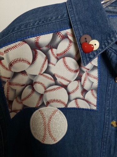 VTG Baseball Denim Blouse L V-neck Button Up Shirt Unique FUN Blouse Pocket - Picture 4 of 9