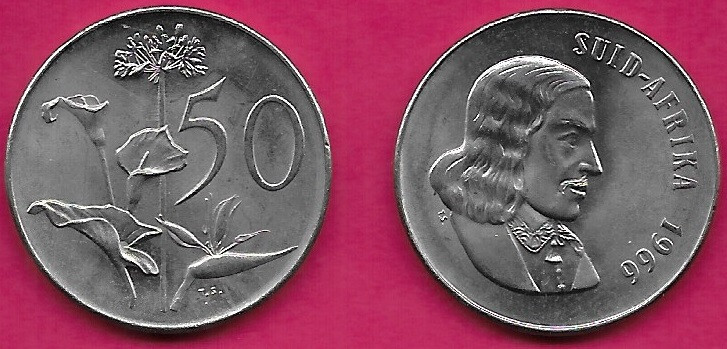 SOUTH AFRICA 50 CENTS 1966 UNC SUID-AFRIKA,AFRIKAANS LEGEND,FLOWER 