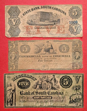 Three Different 1850s South Carolina $5 Banknotes