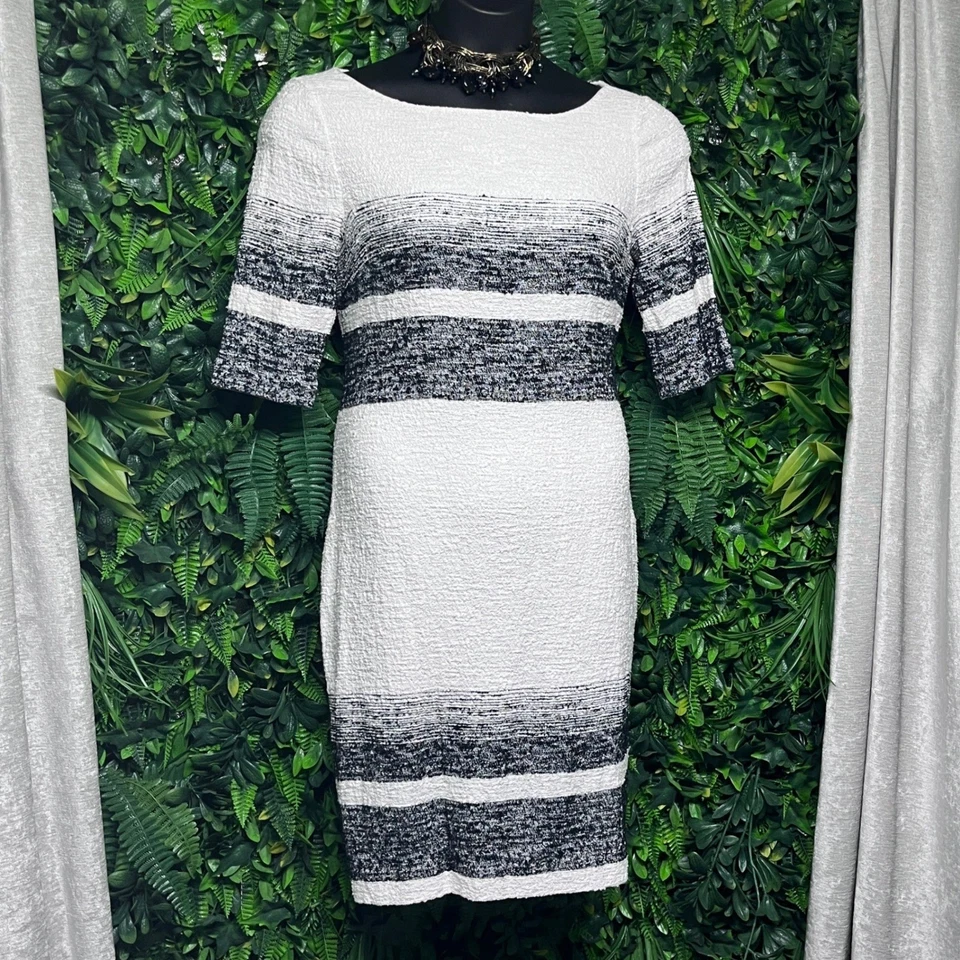 Vestido Teri Jon Rickie Freeman 16 preto branco listrado bainha texturizada 3190 - Imagem 3 de 4