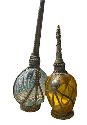 2 Vintage Moroccan Amber Teal Glass Perfume Bottle Rosewater Sprinkler Flacon