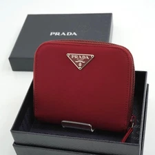 PRADA Nylon Mini Wallet Red Triangle Logo Bi-Fold Zip Coin Wallet GH706