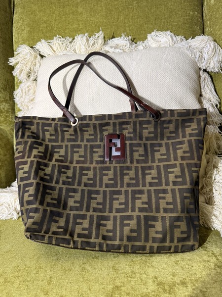 Fendi Tote Bag Shoulder Bag Zucca Brown FF Nylon Leather Authentic 341T0493