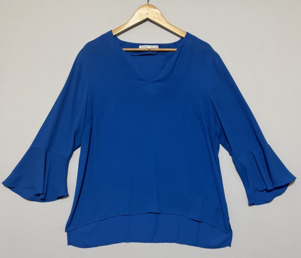 Violet + Claire Blue V-Neck Bell Sleeve Hi-Lo Split Hem Top Blouse Size L Casual - Image 3 of 4