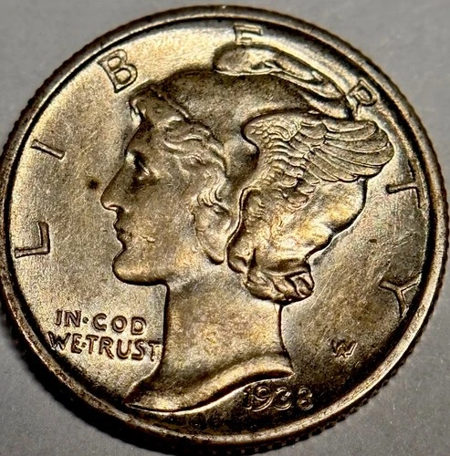 * 1938-s*GEM BU FB TONED SILVER MERCURY DIME * FRESH FROM ESTATE