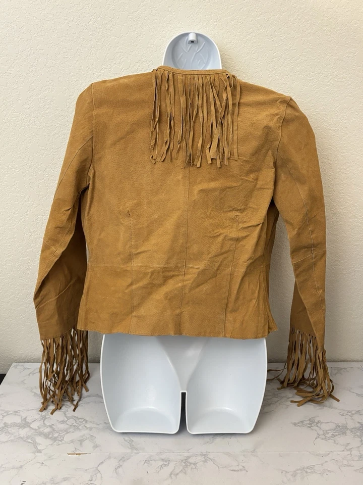 Chaqueta de cuero borde exterior para mujer M gamuza tostada flecos delanteros abiertos vaquera de colección I2 Foto 3 de 4