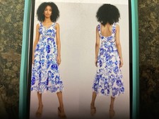 Farm Rio Flowerful Birds MIDI Dress Blue Floral Tiered Size S NEW NWOT  $255