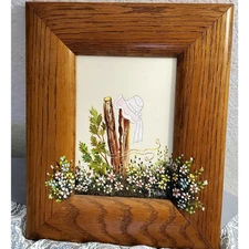 Cottage Core Oil Painting Tiny Flowers, White Bonnet On Fence Post