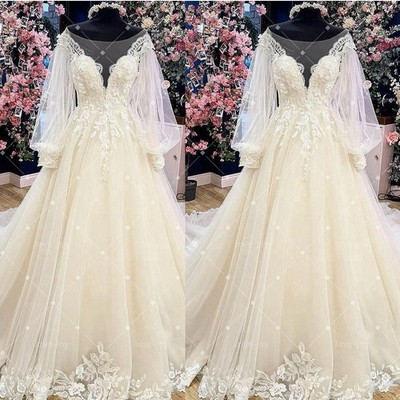 Wedding Dresses Long Sleeve Illusion Neck Lace Applique Sweep Train Bridal Gowns