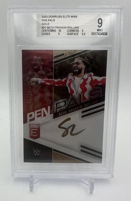2023 PANINI DONRUSS ELITE WWE SETH FREAKIN ROLLINS 21 PEN PALS GOLD /10 AU BGS 9