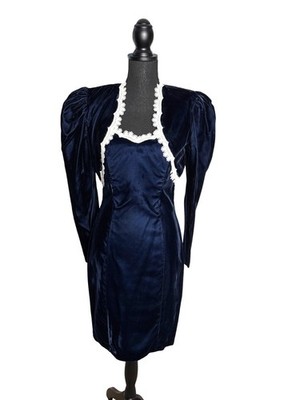 Vintage 80s Steppin' Out Midnight Blue Velvet Dress Bolero