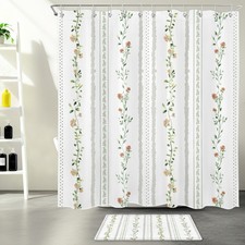 Green Leaf Pink Floral Abstract Striped Shower Curtain Bathroom Accessories Set