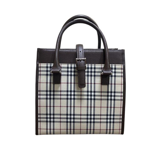 BURBERRY Handbag Nova Check Dark Brown Leather Trim Square