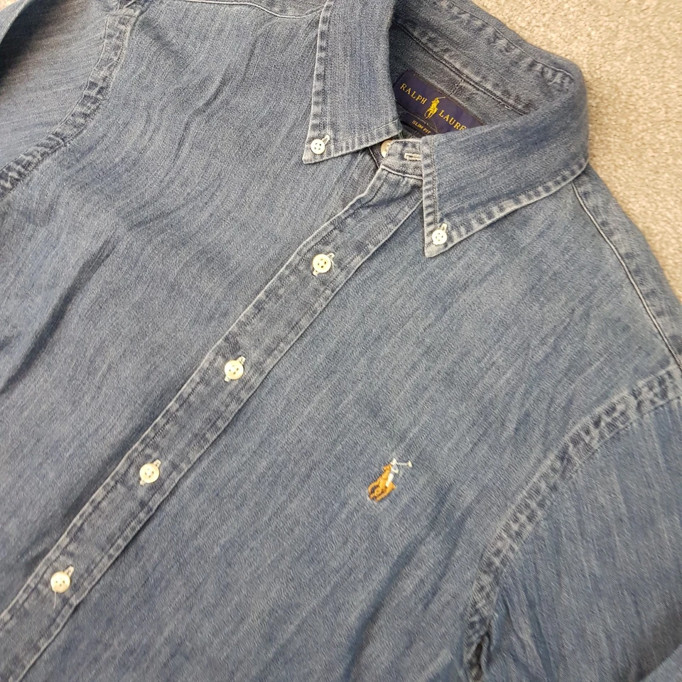 Ralph Lauren Mens Shirt Small Blue Denim Slim Fit Pony Button Down Long Sleeve - Image 2 of 4