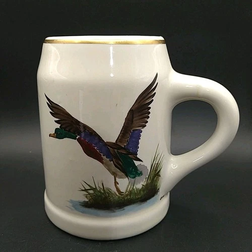 Vintage USA Heirloom Beer Mug Mallard Duck Thick Hand Painted L. Banks Signed
