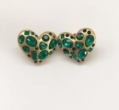 Oscar de la Renta Heart Gold Tone Emerald Green Crystal  Earrings