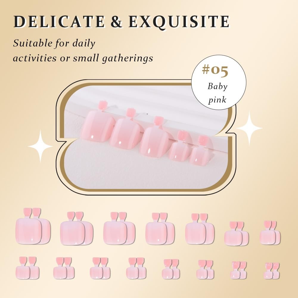 evpct Gradient Color Press on Toenails Square Short, Pink Faded into White Pr...