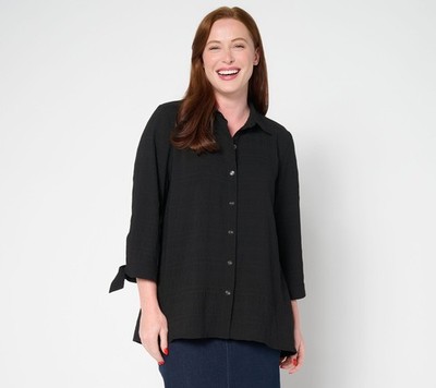 Susan Graver Regular Pucker Woven Button Front Shirt Black 5X New