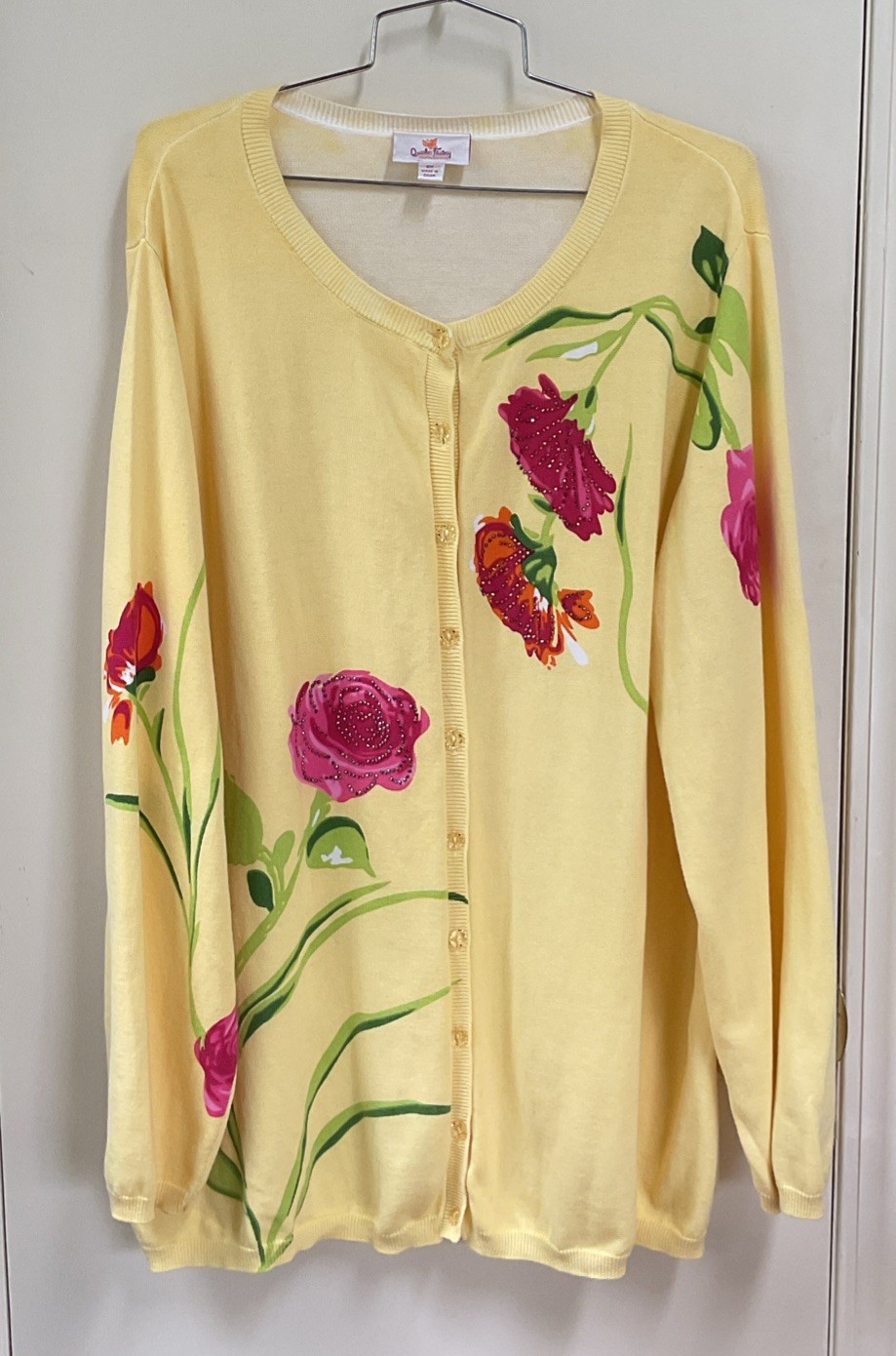 Quacker Factory Womens Size 2X Yellow Cardigan Pink Rhinestone Flowers Sweater