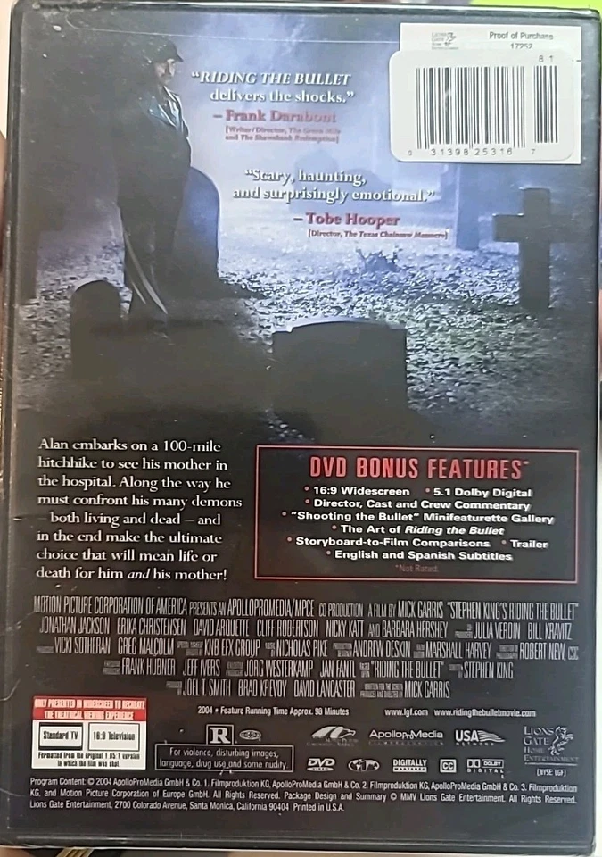 Riding The Bullet Stephen King (DVD, 2004 Widescreen) FACTORY SEALED Mick Garris - Image 2 of 2