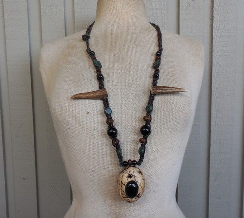 Tagua Nut Stash Hemp Necklace Onyx Inlay Kambala Jasper Cruelty Free Antler Tips - Picture 6 of 15