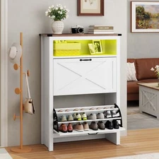 Okcora Modern Shoe Cabinet 2 Flip Drawers & LED Lights Shoe Storage for Entryway