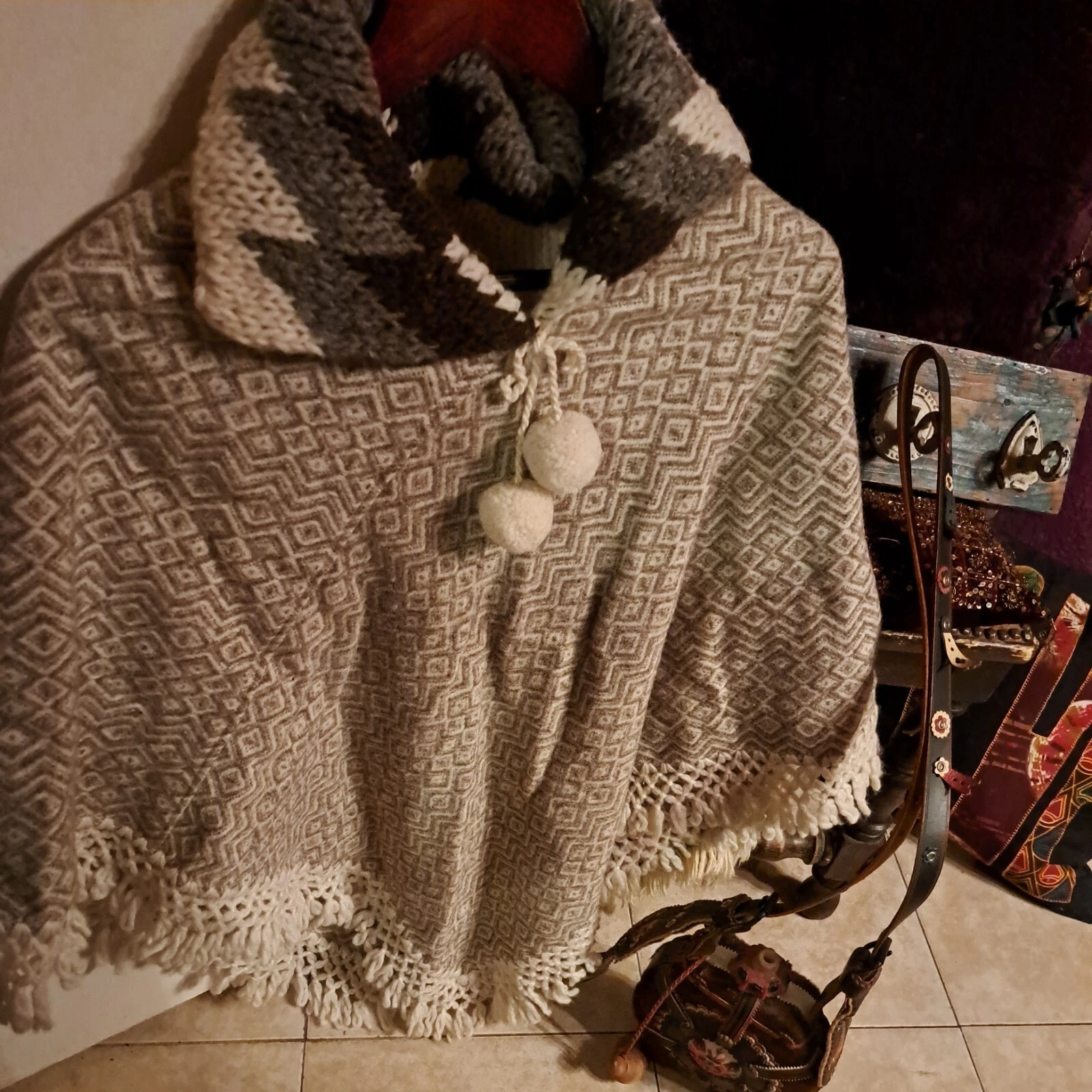 Alpaca Wool & Knit Poncho Cape Sweater Taupe Fringed Tassels Handmade S-M