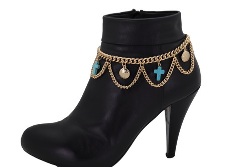 Women Gold Metal Boot Chain Bracelet Shoe Turquoise Cross Charm Adjustable Size - Picture 10 of 22